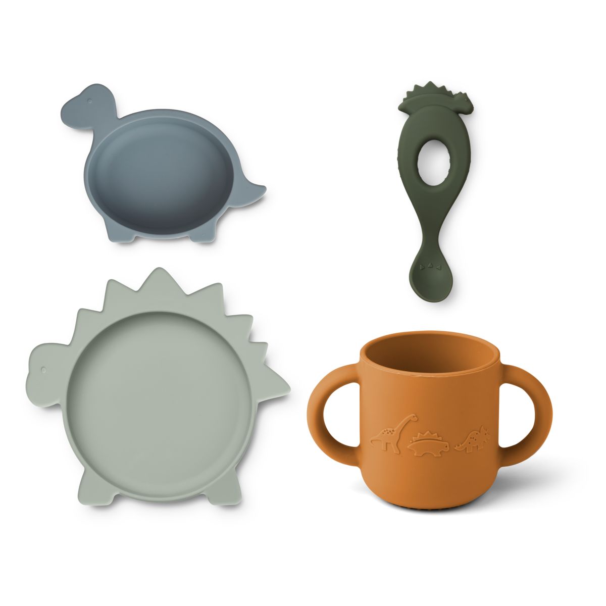 LIEWOOD Vivi spisestel i silikone 4-pak baby - Dino blue multi mix - Børneservice sæt